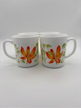 Vintage Luminarc Orange Floral Milk Glass Mugs Set of 4
